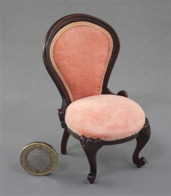 Denis Hillman. A Victorian style mahogany miniature balloon-back nursing chair, height 3.5in.